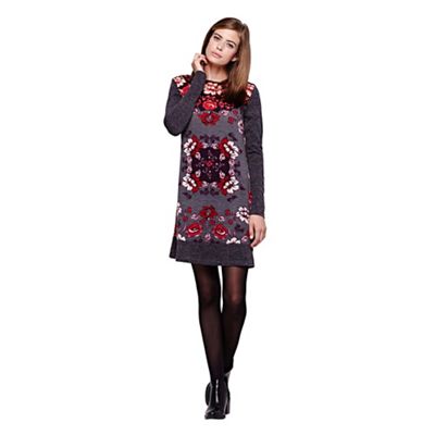 Yumi grey Knitted Tunic Dress With Rose Print